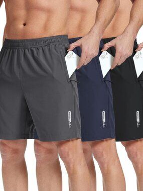 3 Pack Mens Athletic Running Shorts 7" Gym Workout Shorts with Zipper Pockets Li